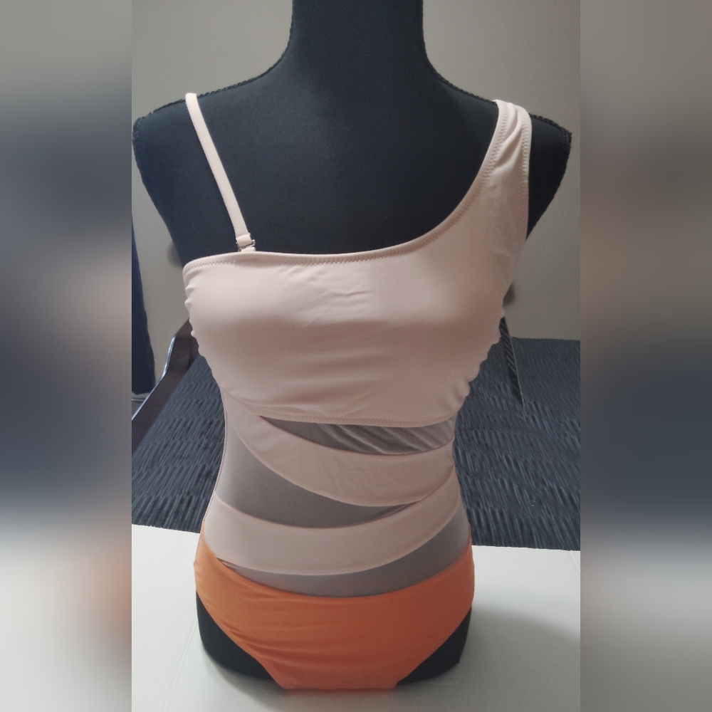 Stylish Peach and Orange One-Shoulder Women's Bathing Suit